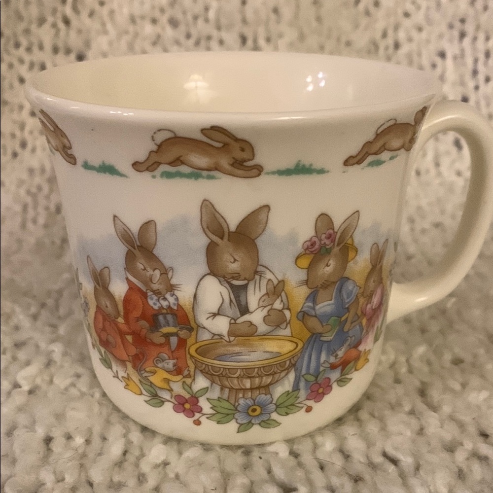 Vintage Bunnykins single handle christening mug, 3 inches tall.